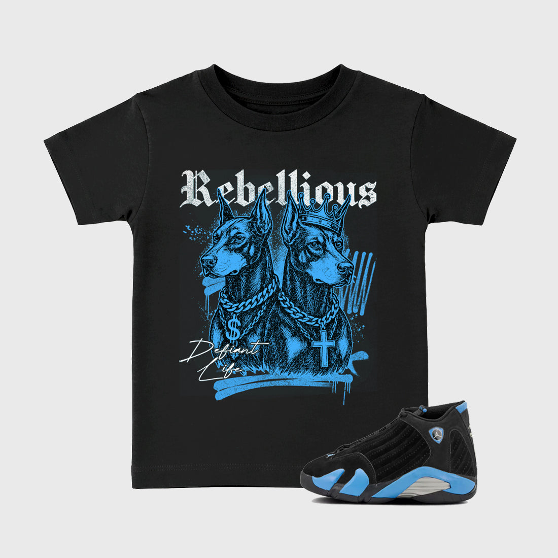 Sneaker match tees – Sneaker Tees To Match Air Jordan 14 University Blue Shoes – Rebellious Kids T-Shirt Black 1