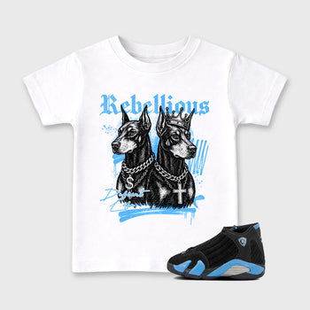 Sneaker match tees – Sneaker Tees To Match Air Jordan 14 University Blue Shoes – Rebellious Kids T-Shirt White 1
