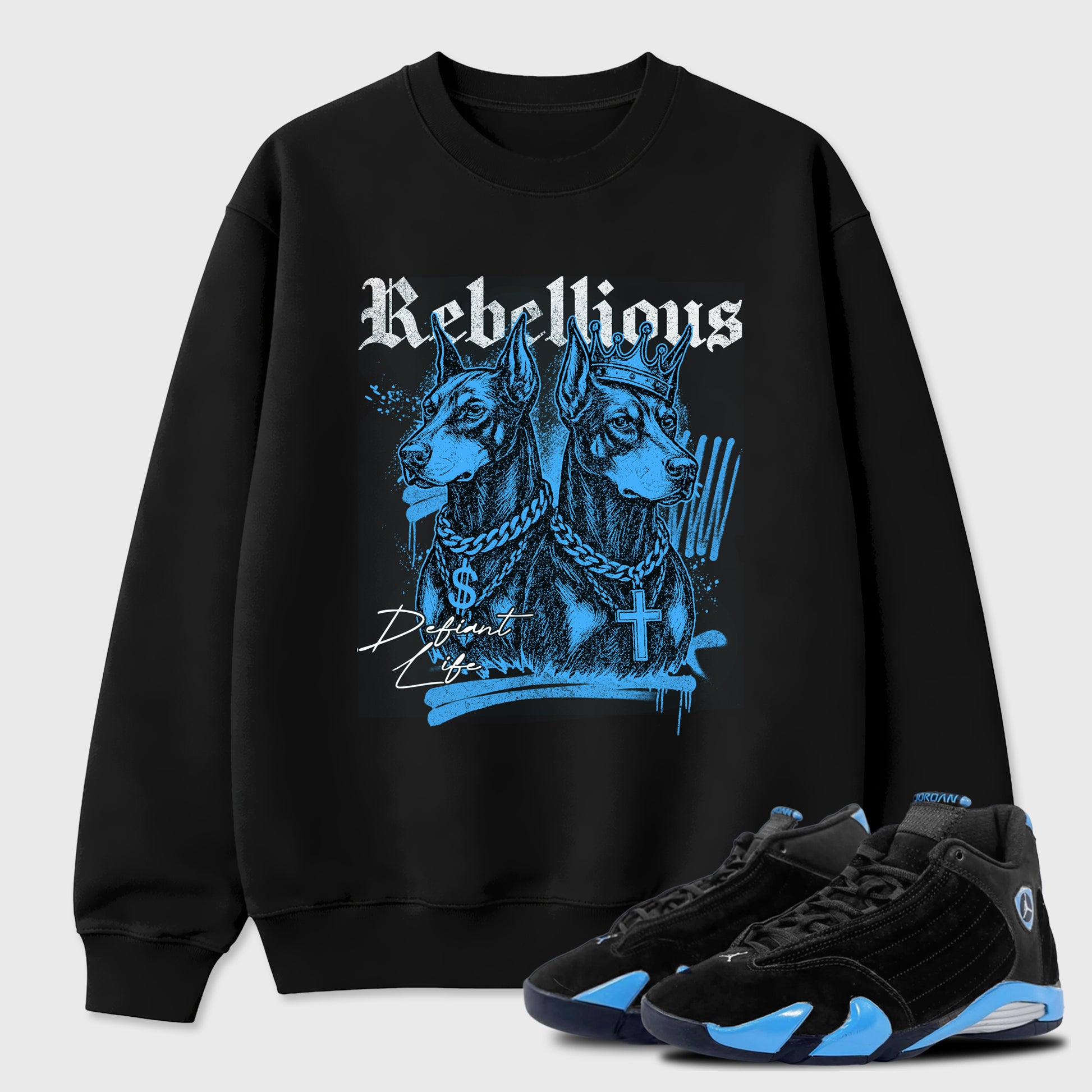 Sneaker match tees – Sneaker Tees To Match Air Jordan 14 University Blue Shoes – Rebellious Tee Black 1