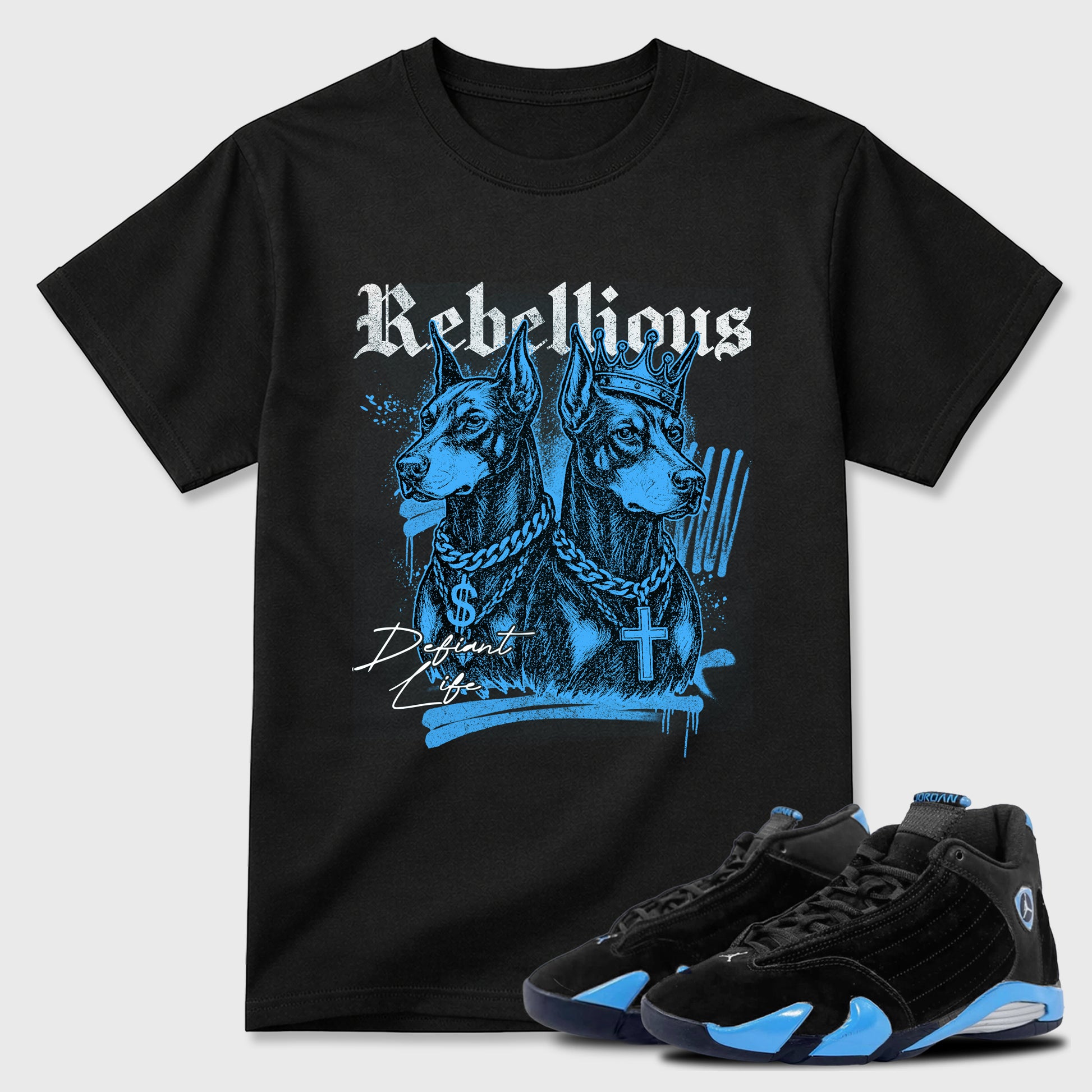 Sneaker match tees – Sneaker Tees To Match Air Jordan 14 University Blue Shoes – Rebellious Tee Black 1
