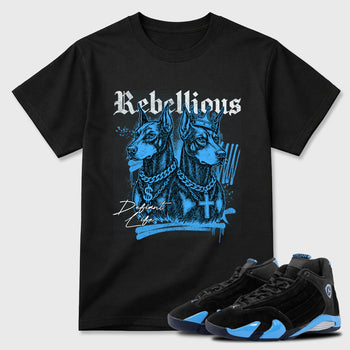 Sneaker match tees – Sneaker Tees To Match Air Jordan 14 University Blue Shoes – Rebellious Tee Black 1
