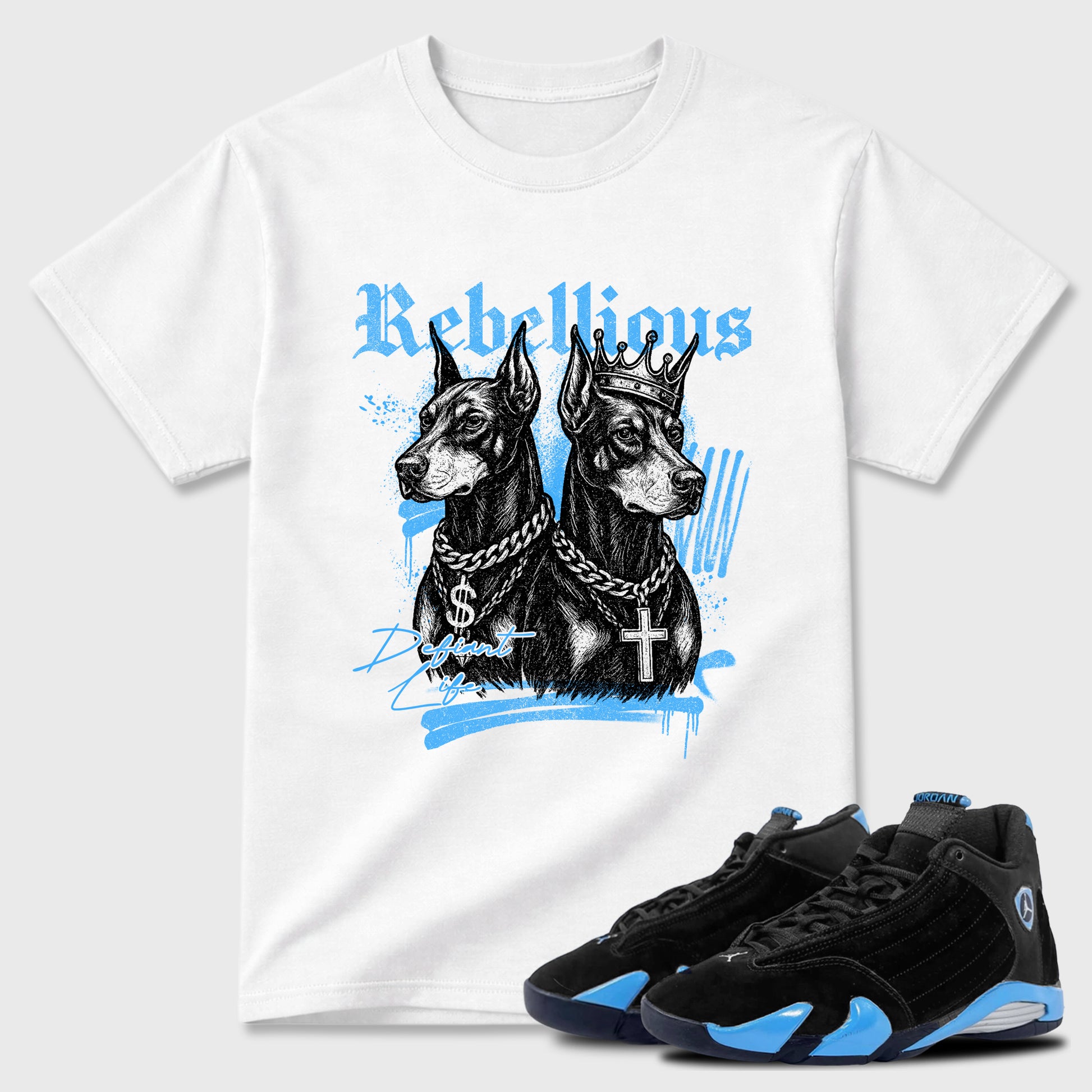 Sneaker match tees – Sneaker Tees To Match Air Jordan 14 University Blue Shoes – Rebellious Tee White 1