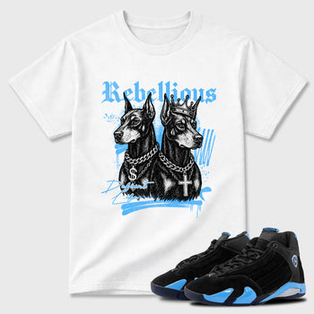 Sneaker match tees – Sneaker Tees To Match Air Jordan 14 University Blue Shoes – Rebellious Tee White 1