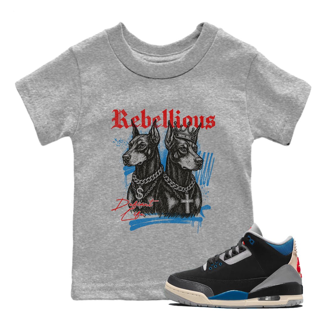 Rebellious baby and kids t-shirt crafted for little sneakerheads to shine with the Air Jordan 3 Rare Air sneakers, displayed in Heather Grey 1.
