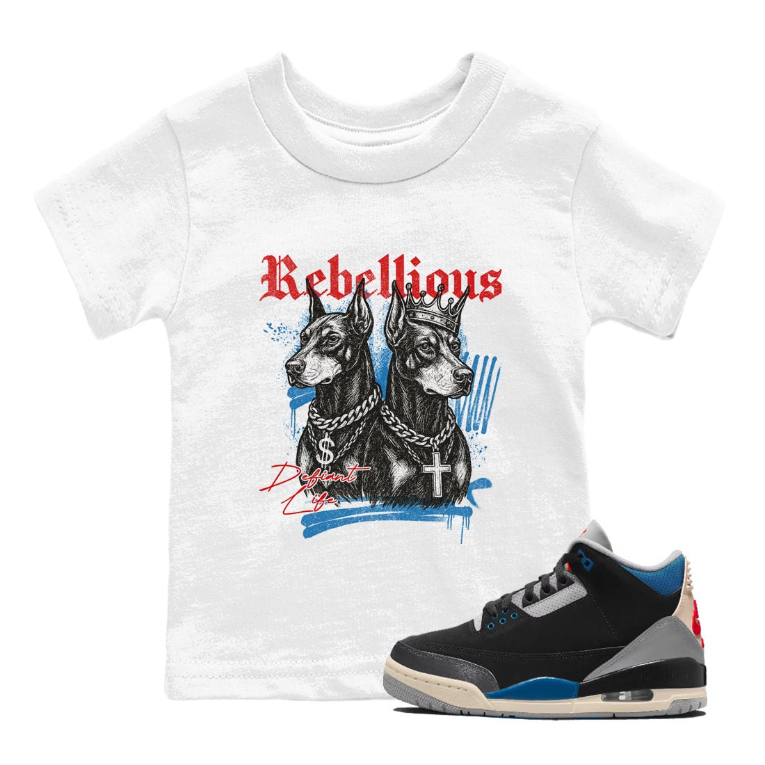 Rebellious baby and kids t-shirt crafted for little sneakerheads to shine with the Air Jordan 3 Rare Air sneakers, displayed in White 1.