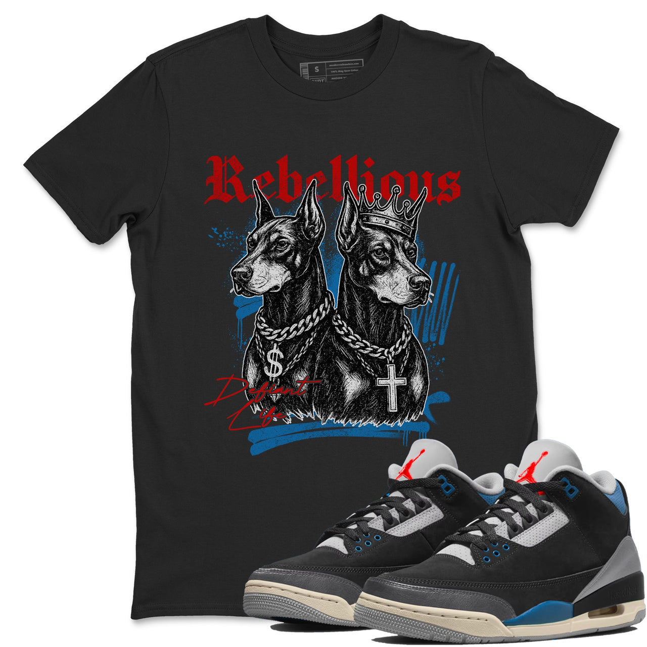 Rebellious sneaker match t-shirt styled to complete your fit with the Air Jordan 3 Rare Air sneakers, shown in Black 1.