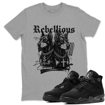 Sneaker Threads – Sneaker Tees To Match Air Jordan 4 Black Cat – Rebellious Graphic Tee Heather Grey 1. Perfect for Jordan releases 2025 colorways.