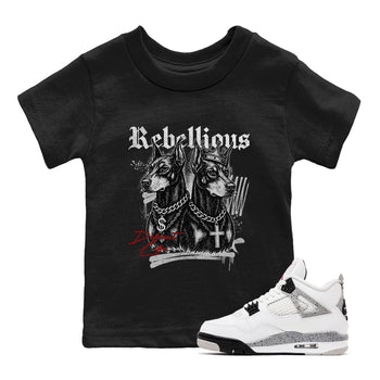 Rebellious baby and kids t-shirt crafted for little sneakerheads to shine with the Air Jordan 4 White Cement sneakers, displayed in Black 1.
