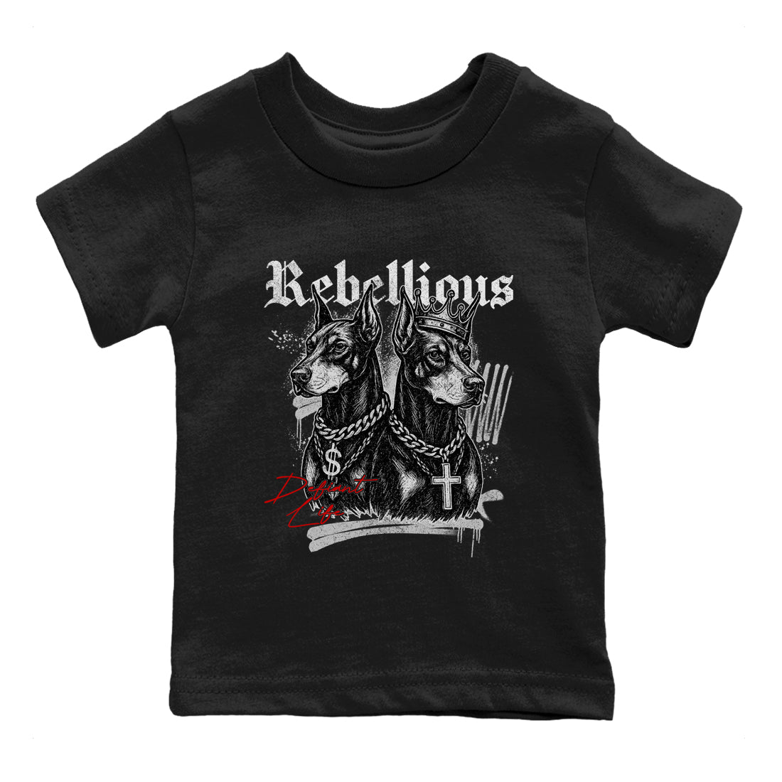 Rebellious baby and kids t-shirt crafted for little sneakerheads to shine with the Air Jordan 4 White Cement sneakers, displayed in Black 2.