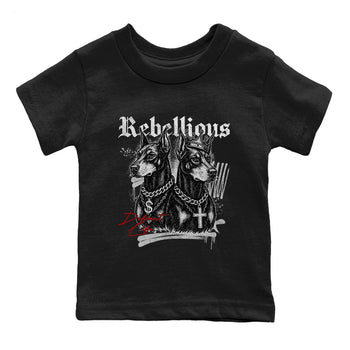 Rebellious baby and kids t-shirt crafted for little sneakerheads to shine with the Air Jordan 4 White Cement sneakers, displayed in Black 2.