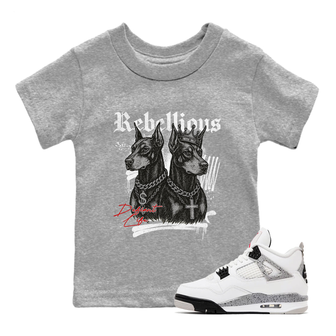 Rebellious baby and kids t-shirt crafted for little sneakerheads to shine with the Air Jordan 4 White Cement sneakers, displayed in Heather Grey 1.