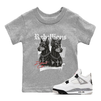 Rebellious baby and kids t-shirt crafted for little sneakerheads to shine with the Air Jordan 4 White Cement sneakers, displayed in Heather Grey 1.
