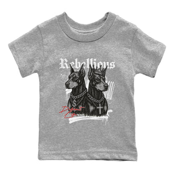 Rebellious baby and kids t-shirt crafted for little sneakerheads to shine with the Air Jordan 4 White Cement sneakers, displayed in Heather Grey 2.
