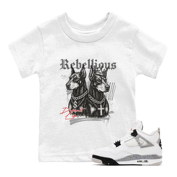Rebellious baby and kids t-shirt crafted for little sneakerheads to shine with the Air Jordan 4 White Cement sneakers, displayed in White 1.
