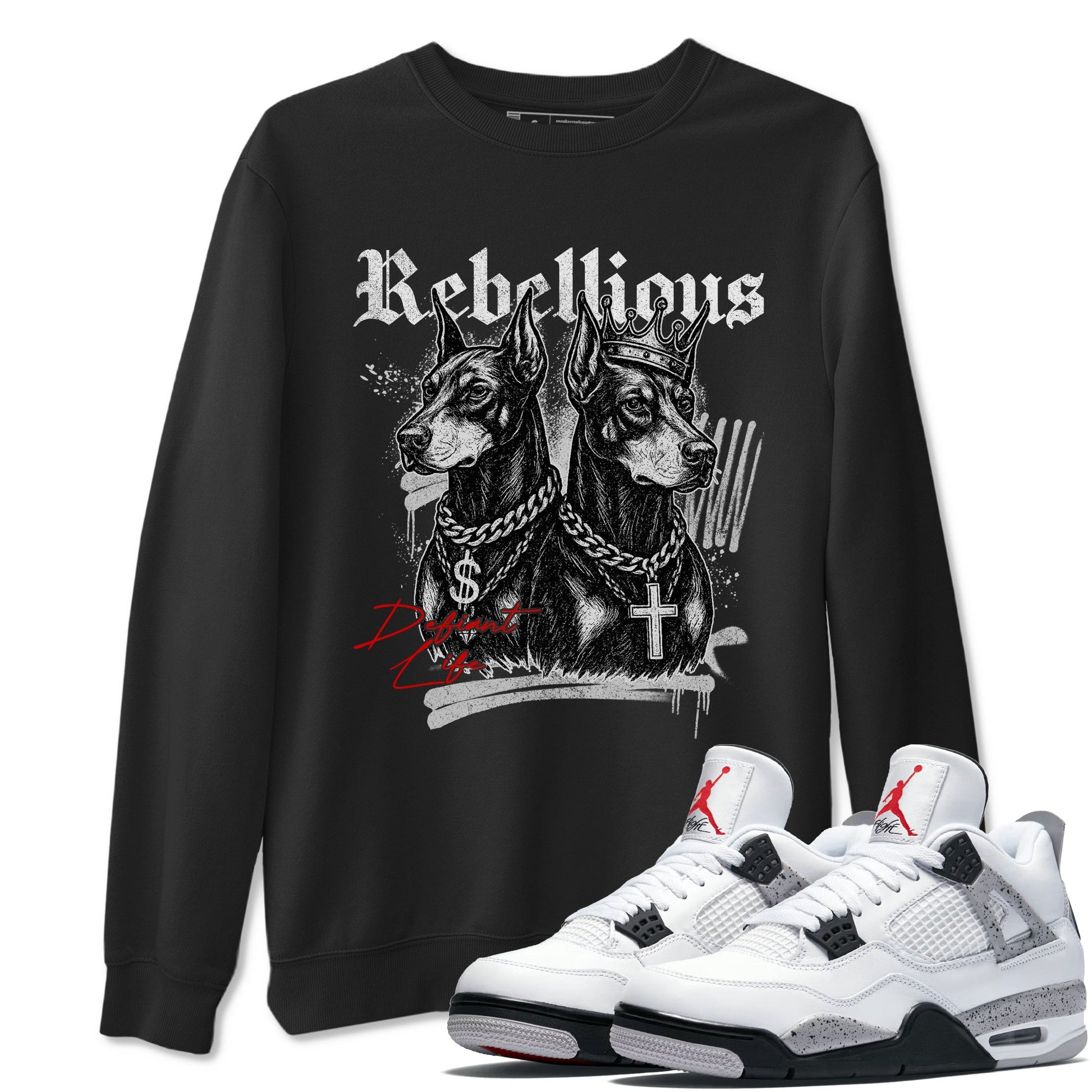 Rebellious sneaker match t-shirt styled to complete your fit with the Air Jordan 4 White Cement sneakers, shown in Black 1.