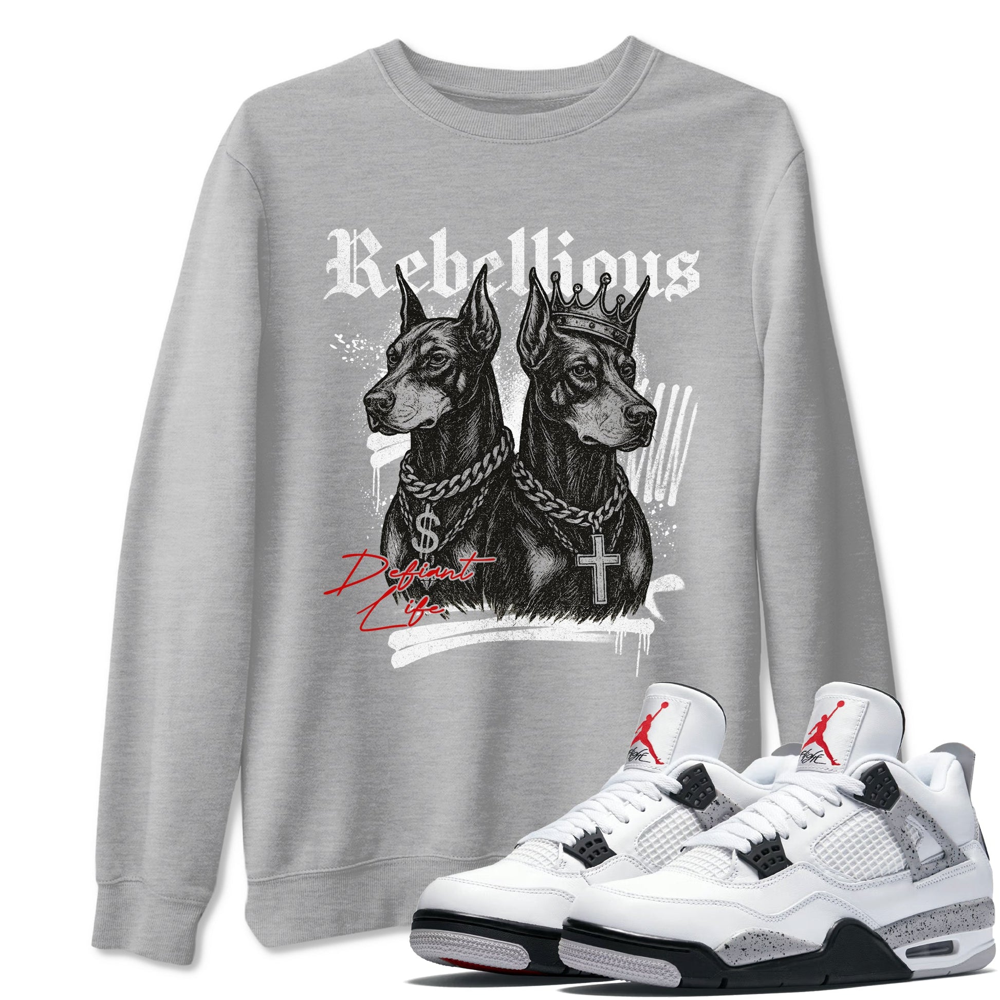 Rebellious sneaker match t-shirt styled to complete your fit with the Air Jordan 4 White Cement sneakers, shown in Heather Grey 1.