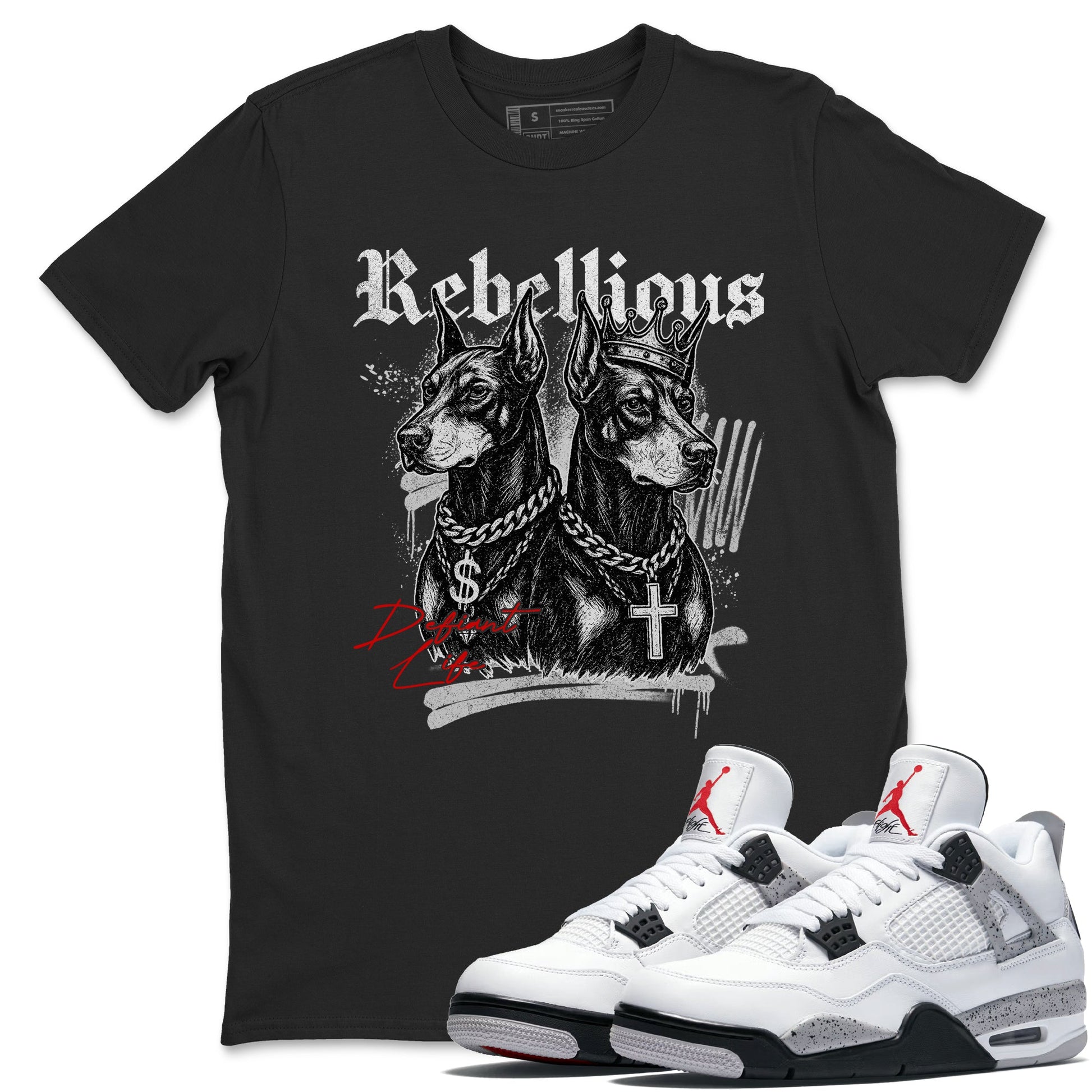 Rebellious sneaker match t-shirt styled to complete your fit with the Air Jordan 4 White Cement sneakers, shown in Black 1.