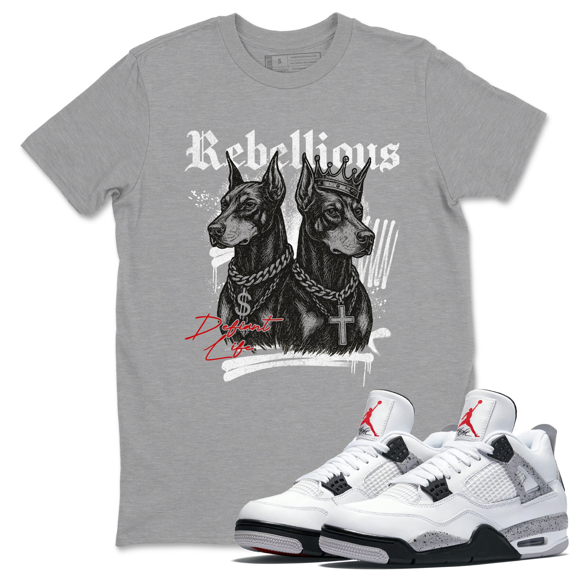 Rebellious sneaker match t-shirt styled to complete your fit with the Air Jordan 4 White Cement sneakers, shown in Heather Grey 1.