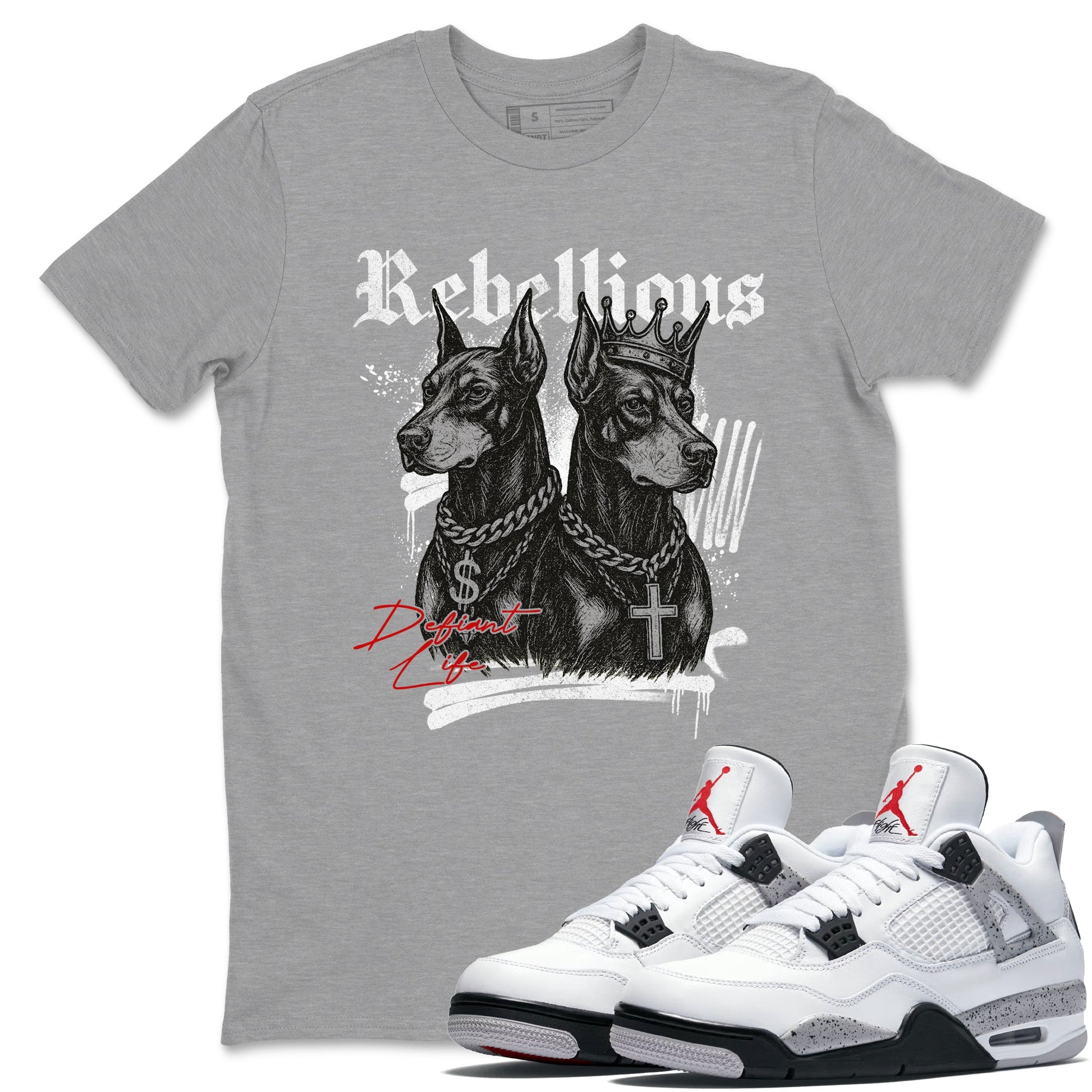 Rebellious sneaker match t-shirt styled to complete your fit with the Air Jordan 4 White Cement sneakers, shown in Heather Grey 1.