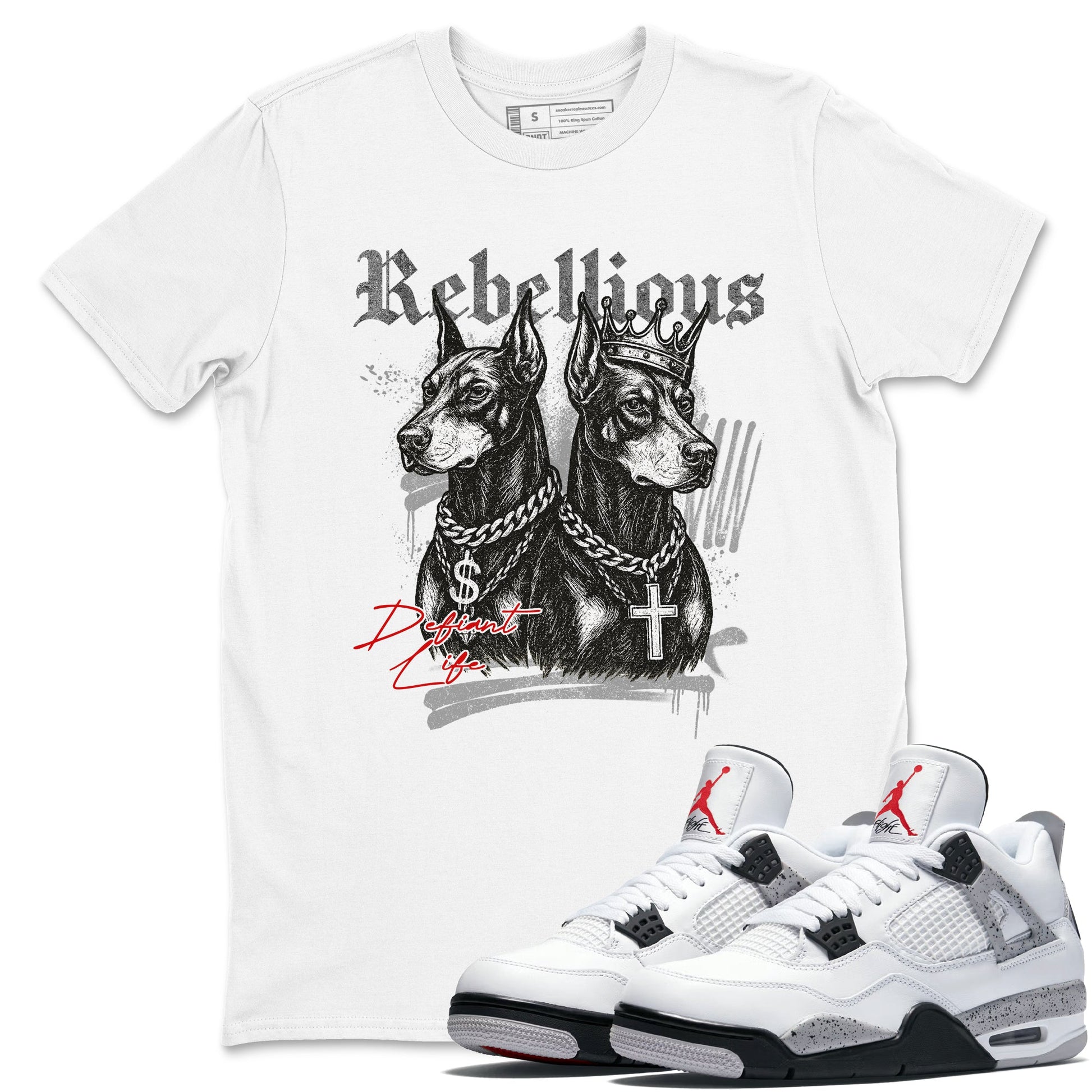 Rebellious sneaker match t-shirt styled to complete your fit with the Air Jordan 4 White Cement sneakers, shown in White 1.