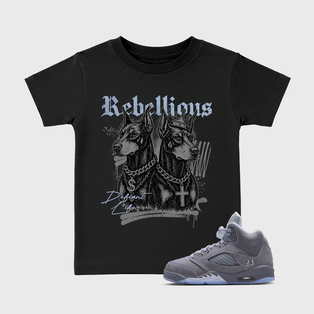 Sneaker match tees – Sneaker Tees To Match Air Jordan 5 Wolf Grey Shoes – Rebellious Kids T-Shirt Black 1