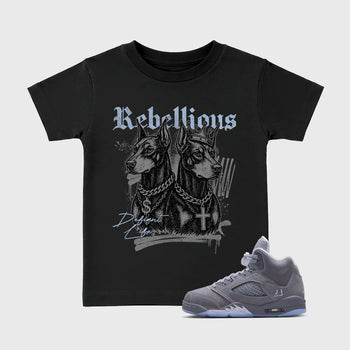 Sneaker match tees – Sneaker Tees To Match Air Jordan 5 Wolf Grey Shoes – Rebellious Kids T-Shirt Black 1