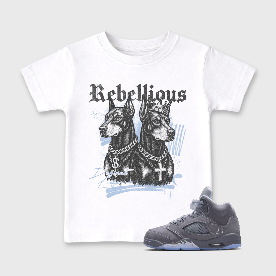 Sneaker match tees – Sneaker Tees To Match Air Jordan 5 Wolf Grey Shoes – Rebellious Kids T-Shirt White 1