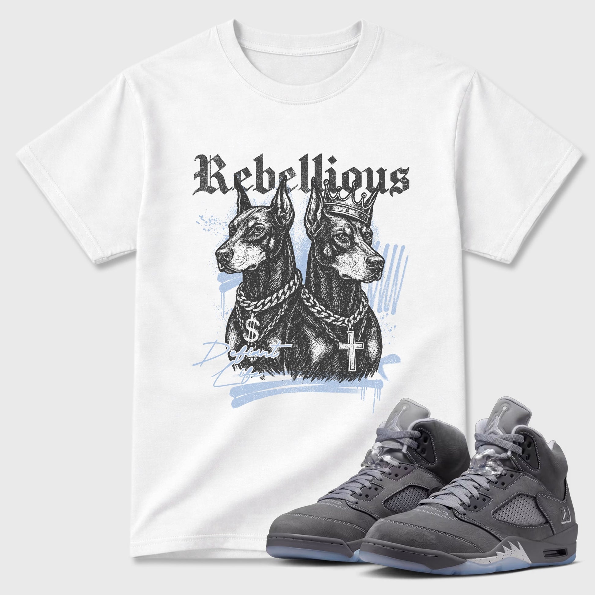 Sneaker match tees – Sneaker Tees To Match Air Jordan 5 Wolf Grey Shoes – Rebellious Tee White 1