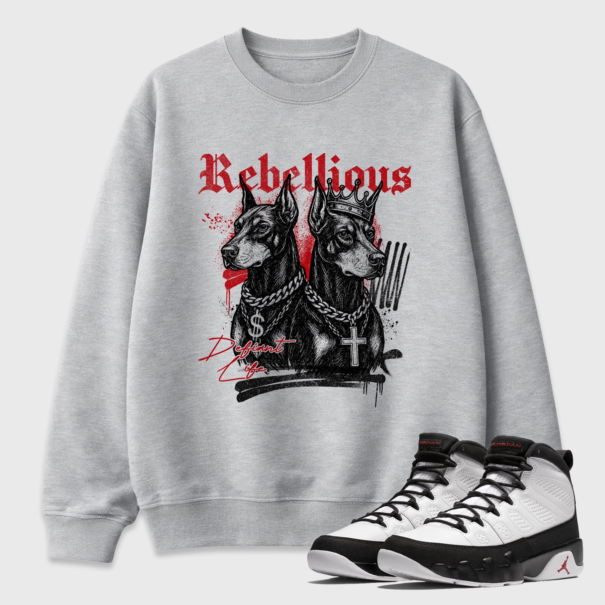 Rebellious Graphic T-Shirt featuring original streetwear artwork designed to match the Air Jordan 9 True Red. Heather Grey 1 Graphic Tee.