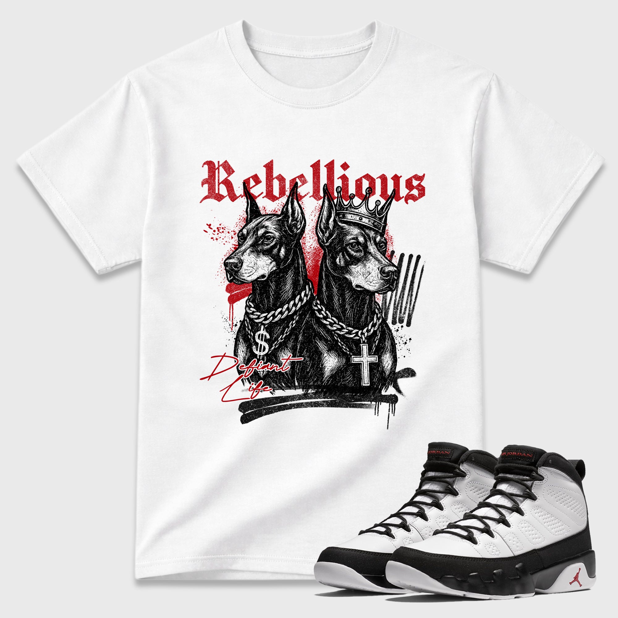 Rebellious Graphic T-Shirt featuring original streetwear artwork designed to match the Air Jordan 9 True Red. White 1 Graphic T-Shirt.