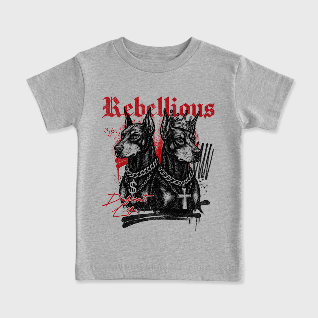 Rebellious Baby & Kids Graphic T-Shirt featuring original artwork designed to match the Air Jordan 9 True Red. Heather Grey 2 Kids Graphic Tee.