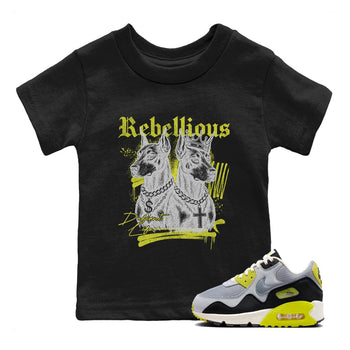Rebellious baby and kids t-shirt crafted for little sneakerheads to shine with the Air Max 90 Cyber sneakers, displayed in Black 1.