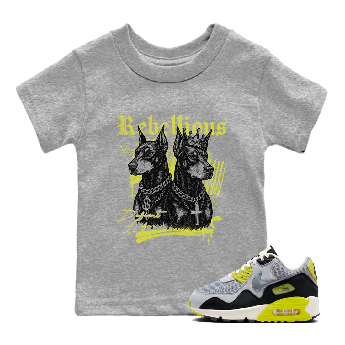 Rebellious baby and kids t-shirt crafted for little sneakerheads to shine with the Air Max 90 Cyber sneakers, displayed in Heather Grey 1.