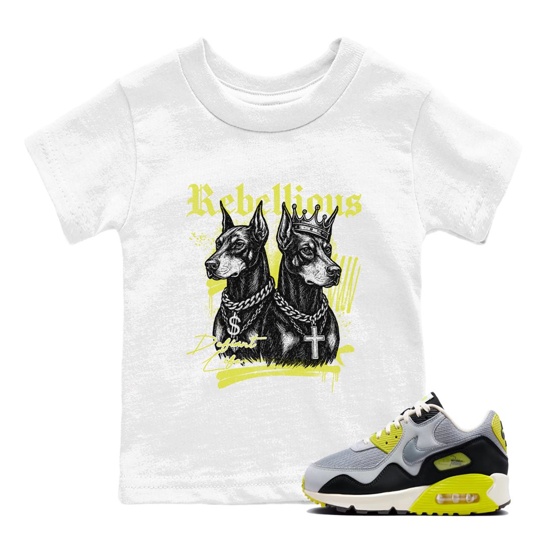 Rebellious baby and kids t-shirt crafted for little sneakerheads to shine with the Air Max 90 Cyber sneakers, displayed in White 1.