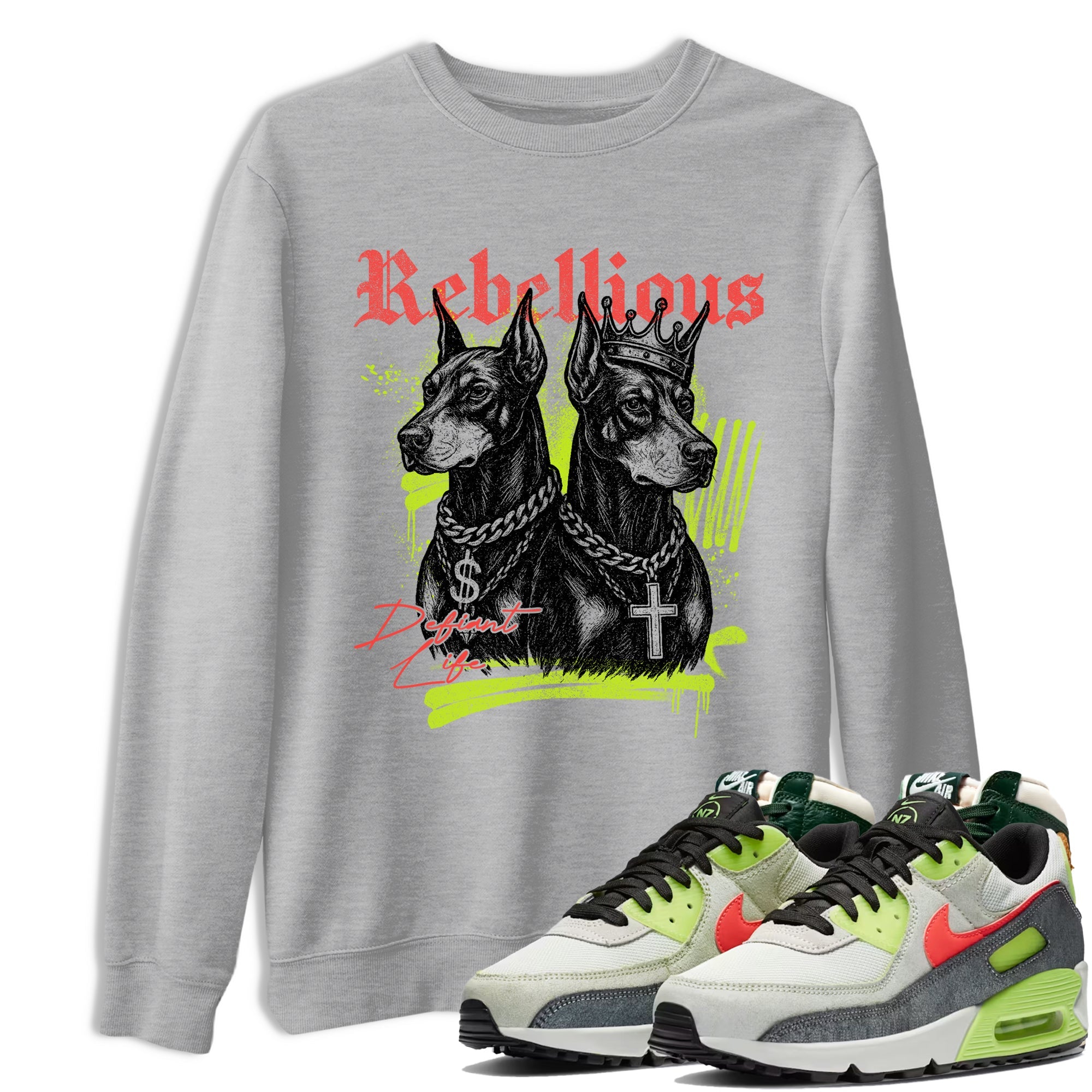 Sneaker Threads – Sneaker Tees To Match Air Max 90 Spruce Aura and Ghost Green – Rebellious Graphic Tee Heather Grey 1. Perfect for Jordan releases 2025 colorways.