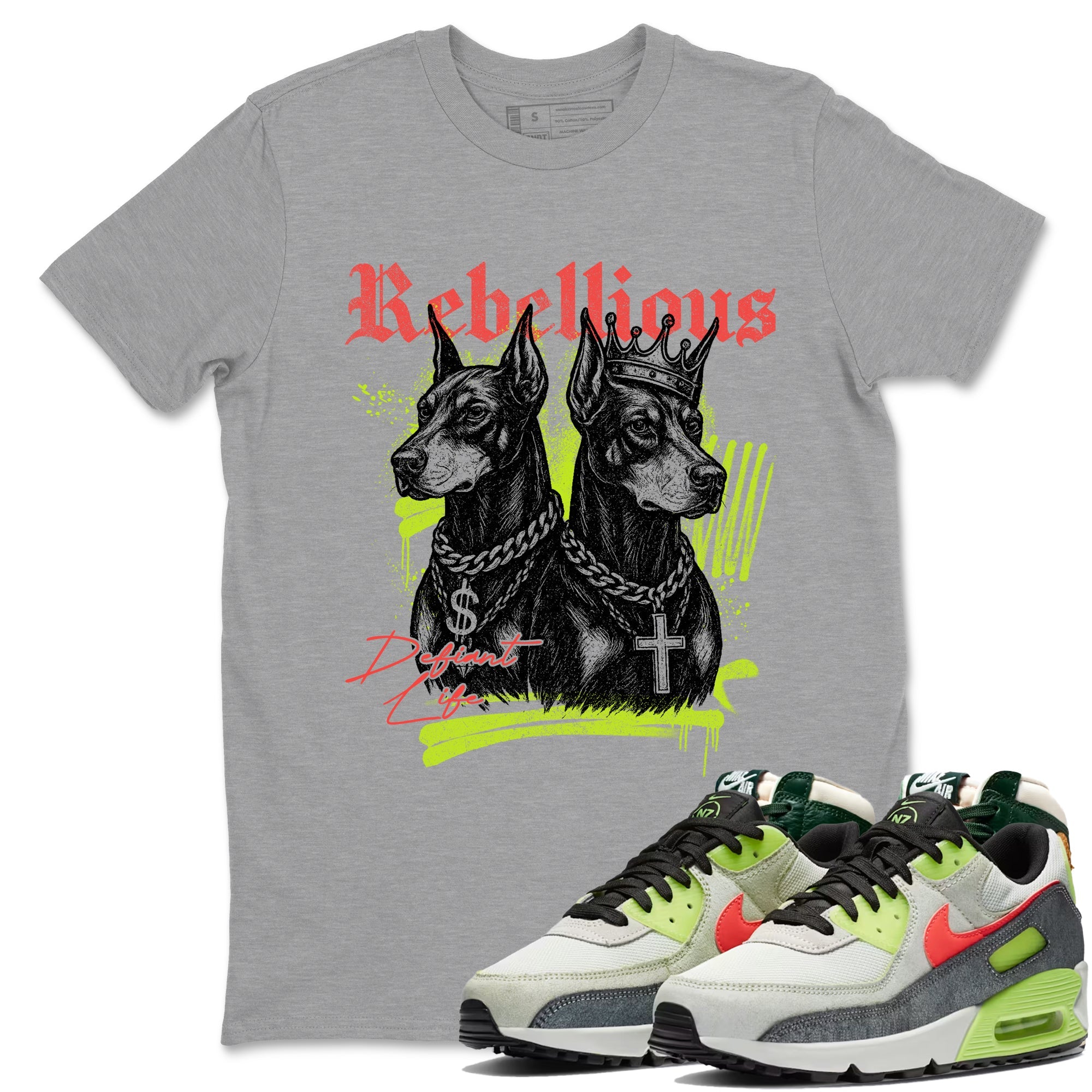 Sneaker Threads – Sneaker Tees To Match Air Max 90 Spruce Aura and Ghost Green – Rebellious Graphic Tee Heather Grey 1. Perfect for Jordan releases 2025 colorways.