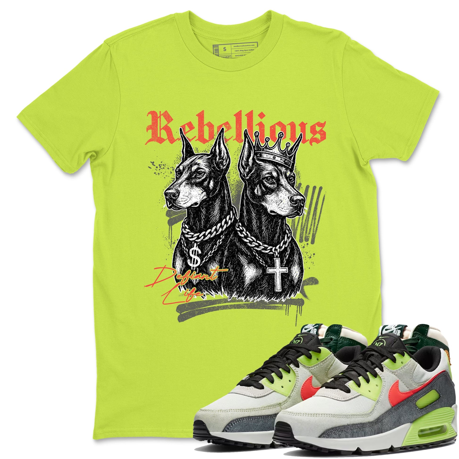 Sneaker Threads – Sneaker Tees To Match Air Max 90 Spruce Aura and Ghost Green – Rebellious Graphic Tee Safety Green 1. Perfect for Jordan releases 2025 colorways.