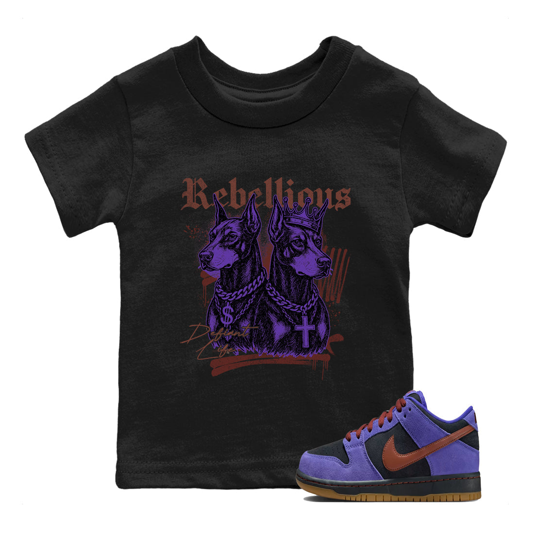 Sneaker match tees – Sneaker Threads To Match Dunk Low Persian Violet Shoes – Rebellious Kids T-Shirt Black 1