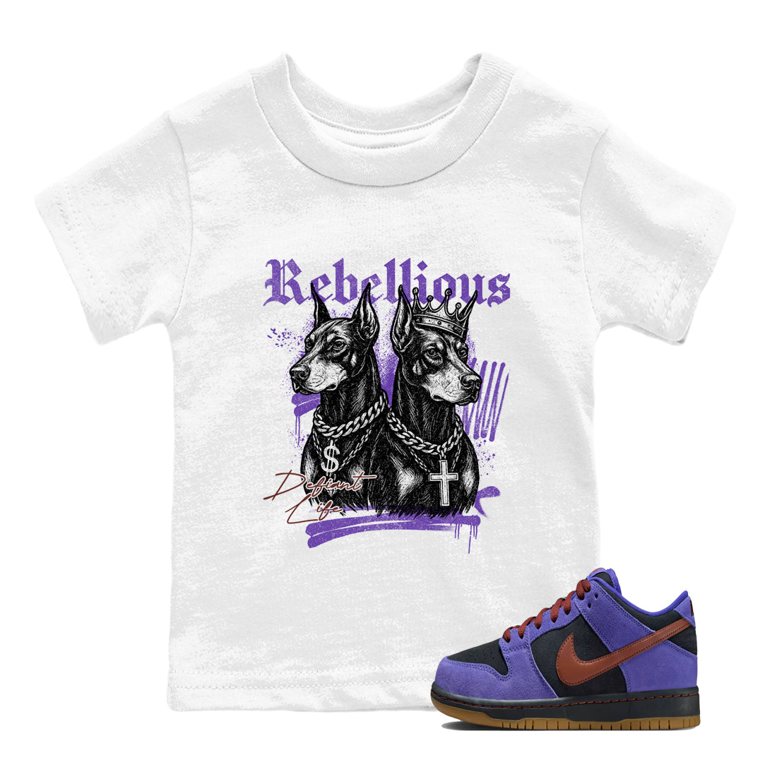 Sneaker match tees – Sneaker Threads To Match Dunk Low Persian Violet Shoes – Rebellious Kids T-Shirt White 1