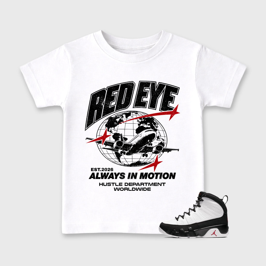 Red Eye Baby & Kids Graphic T-Shirt featuring original artwork designed to match the Air Jordan 9 True Red. White 1 Kids Graphic Tee.