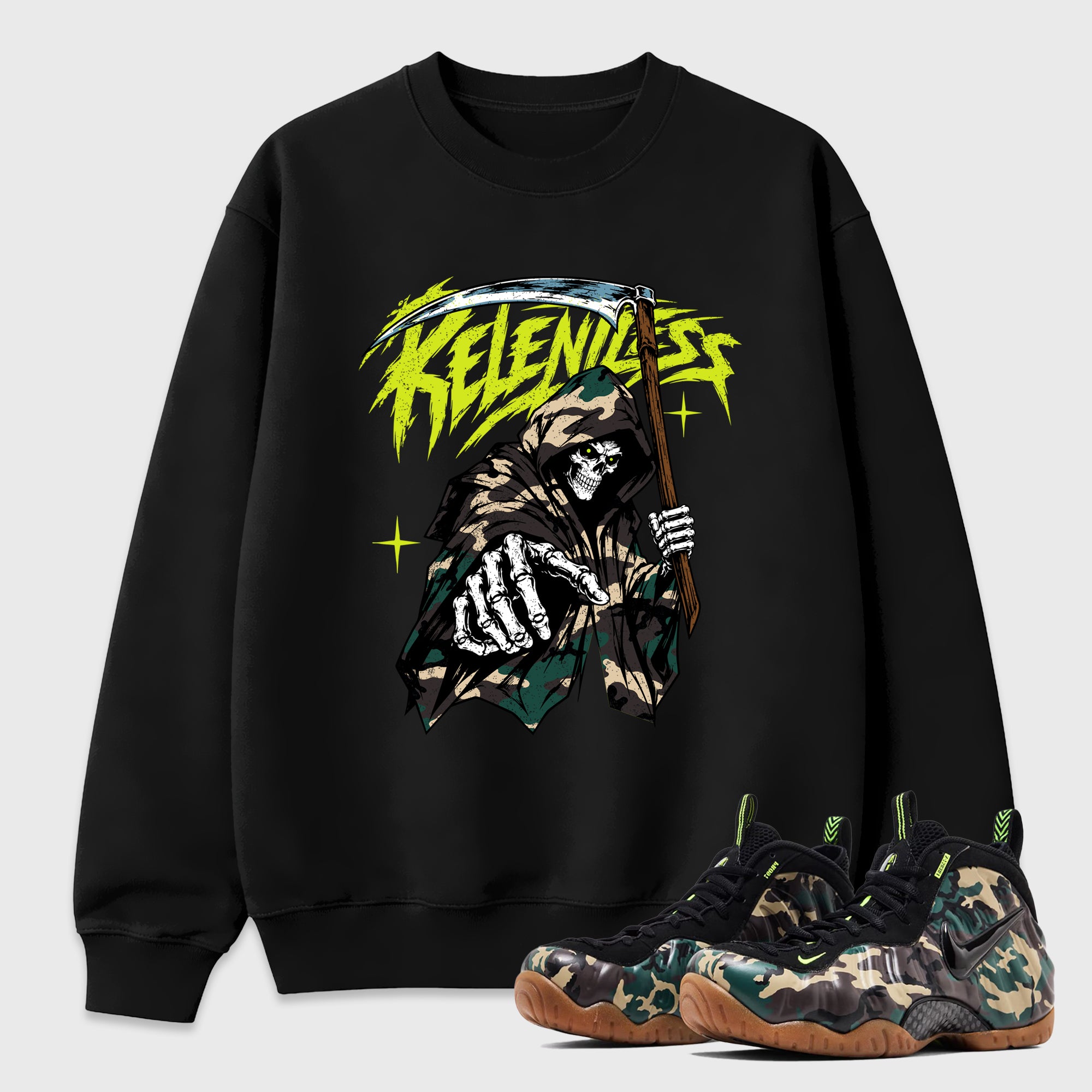 Relentless Graphic T-Shirt featuring original streetwear artwork designed to match the Air Foamposite Pro Green Camo. Black 1 Graphic Tee.