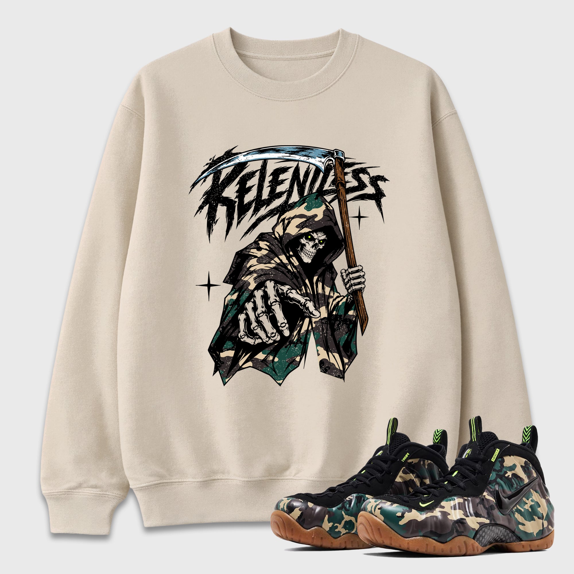 Relentless Graphic T-Shirt featuring original streetwear artwork designed to match the Air Foamposite Pro Green Camo. Natural 1 Graphic Tee.