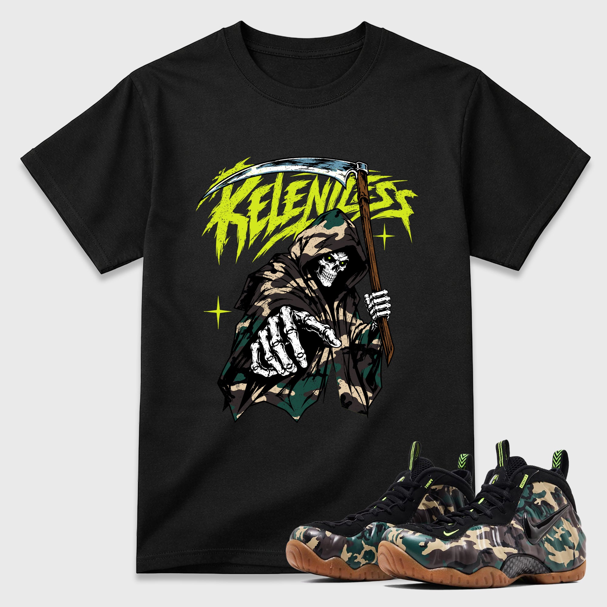 Relentless Graphic T-Shirt featuring original streetwear artwork designed to match the Air Foamposite Pro Green Camo. Black 1 Graphic T-Shirt.