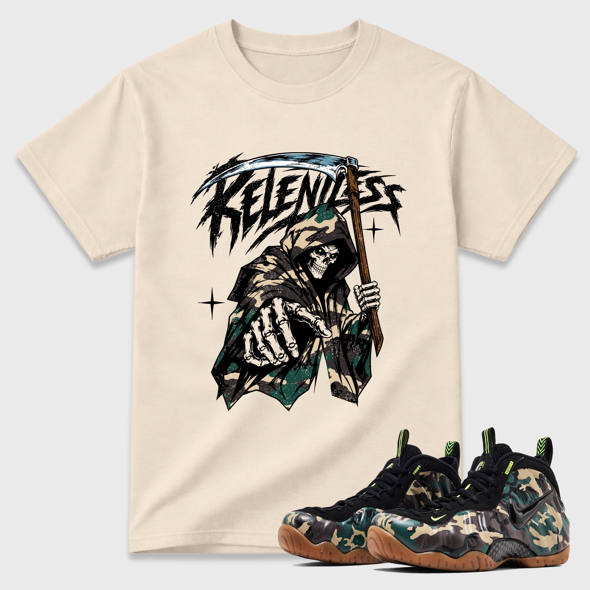 Relentless Graphic T-Shirt featuring original streetwear artwork designed to match the Air Foamposite Pro Green Camo. Natural 1 Graphic T-Shirt.