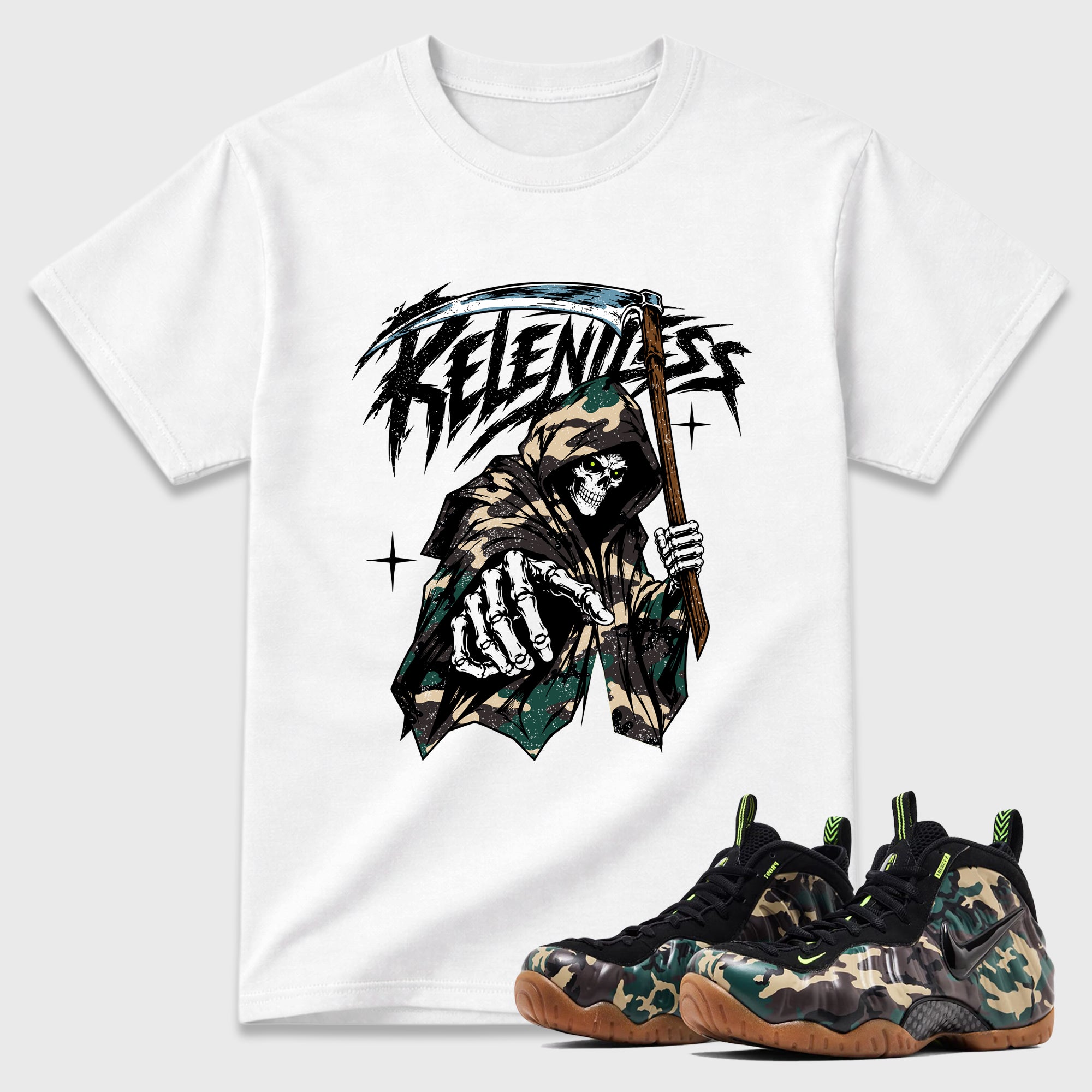 Relentless Graphic T-Shirt featuring original streetwear artwork designed to match the Air Foamposite Pro Green Camo. White 1 Graphic T-Shirt.
