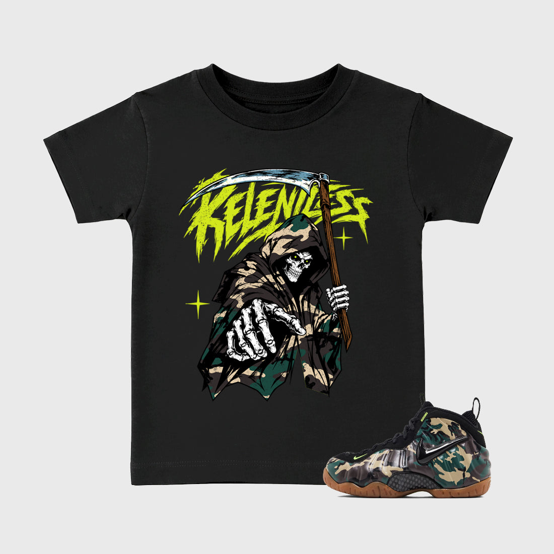 Relentless Baby & Kids Graphic T-Shirt featuring original artwork designed to match the Air Foamposite Pro Green Camo. Black 1 Kids Graphic Tee.