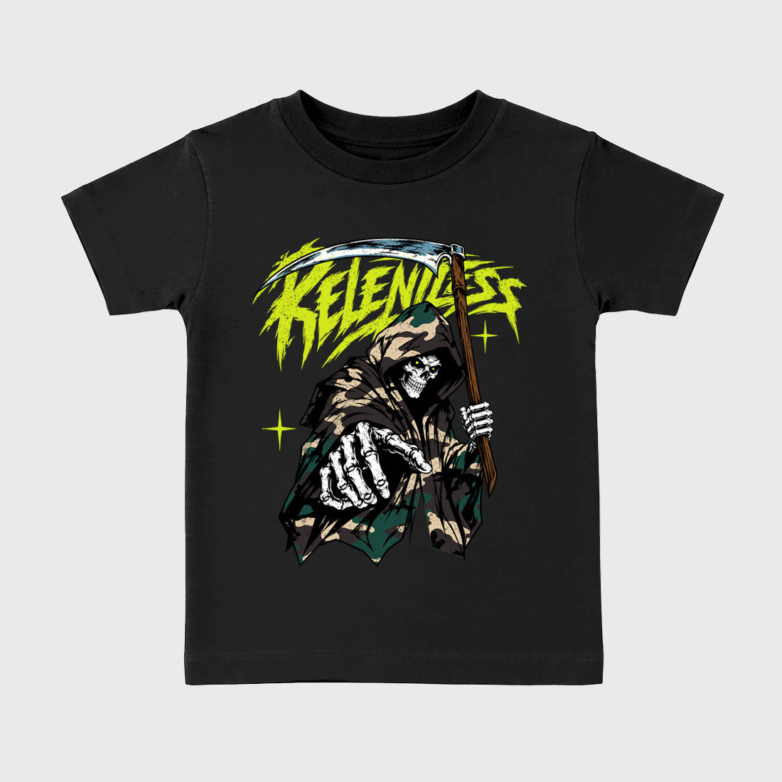 Relentless Baby & Kids Graphic T-Shirt featuring original artwork designed to match the Air Foamposite Pro Green Camo. Black 2 Kids Graphic Tee.