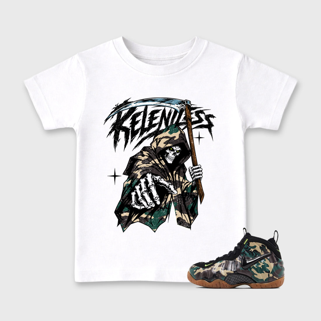 Relentless Baby & Kids Graphic T-Shirt featuring original artwork designed to match the Air Foamposite Pro Green Camo. White 1 Kids Graphic Tee.