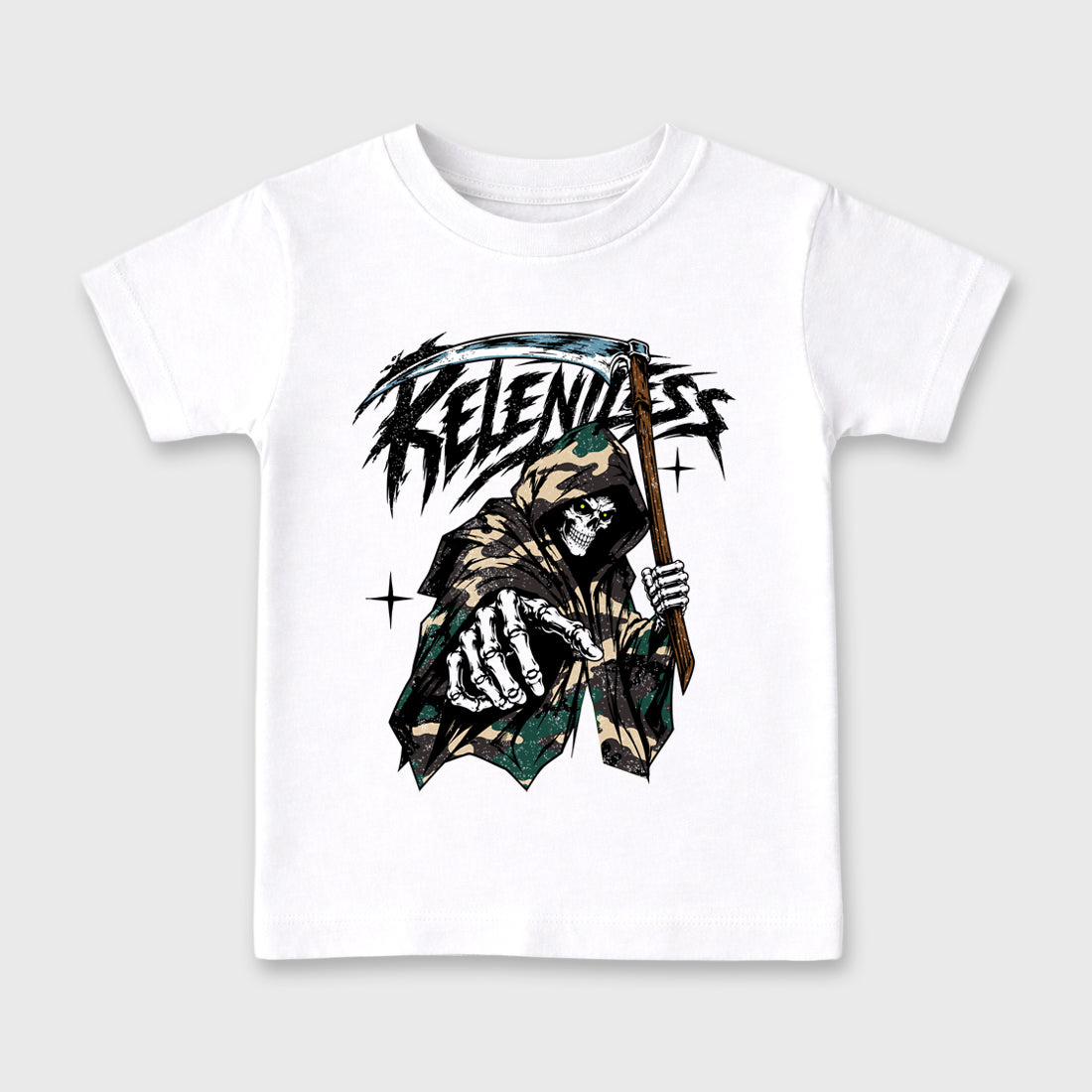 Relentless Baby & Kids Graphic T-Shirt featuring original artwork designed to match the Air Foamposite Pro Green Camo. White 2 Kids Graphic Tee.