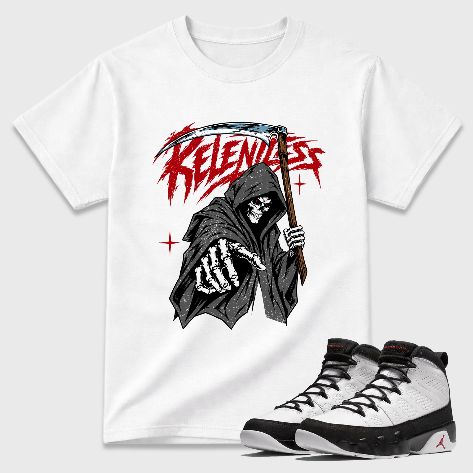 Relentless Graphic T-Shirt featuring original streetwear artwork designed to match the Air Jordan 9 True Red. White 1 Graphic T-Shirt.